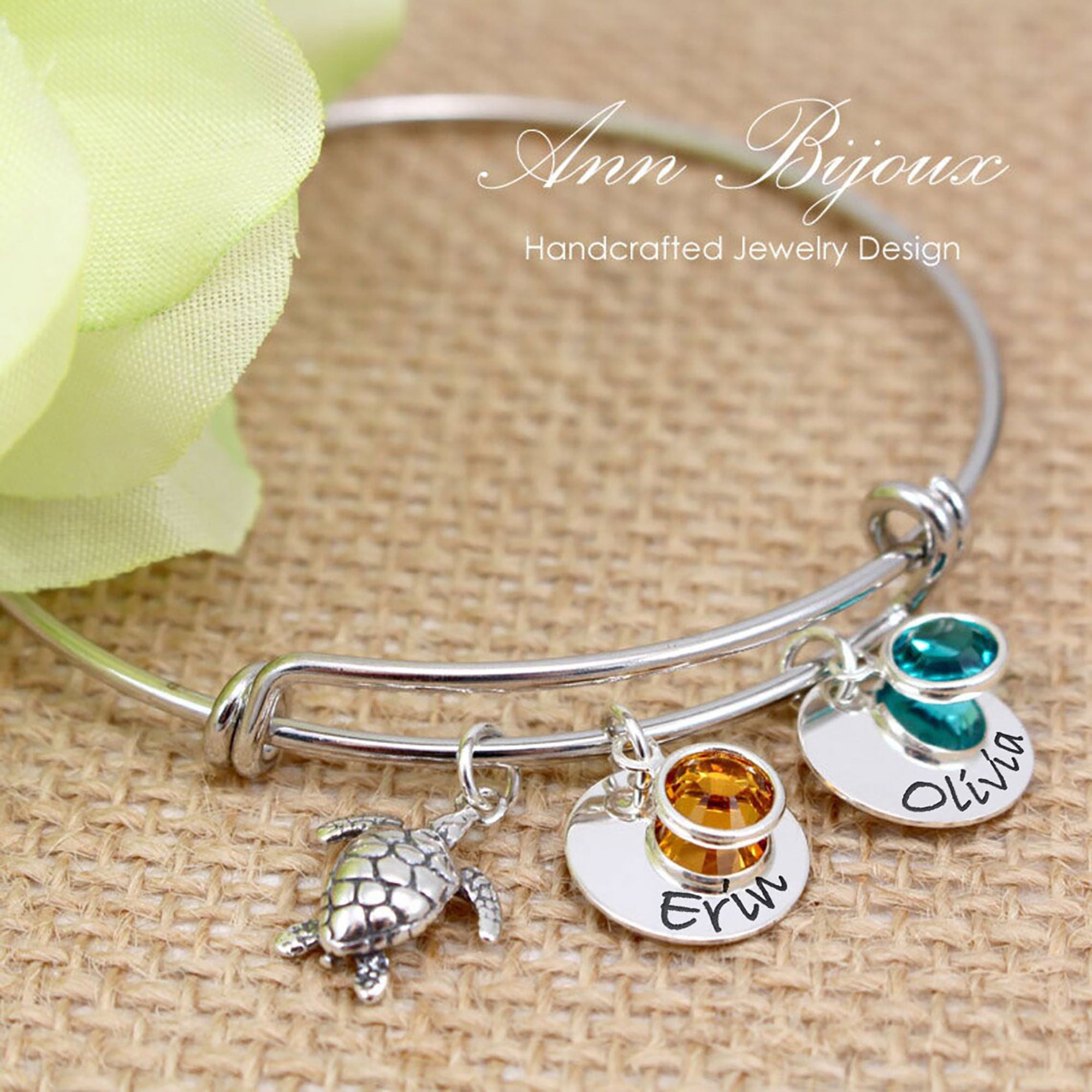 Engraved Name with Turtle Charm Bangle - Gianna
