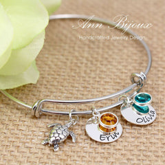 Engraved Name with Turtle Charm Bangle - Gianna