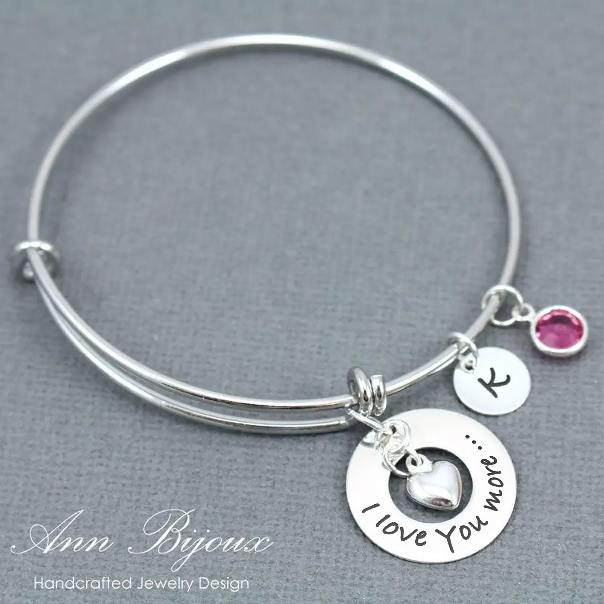 Engraved "I Love You More.." with Birthstone Bangle Bracelet - Adeline