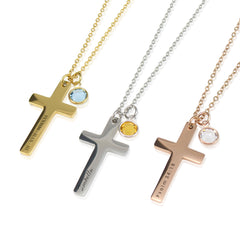 Engraved Cross with Birthstone Necklace - Theo