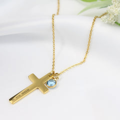 Engraved Cross with Birthstone Necklace - Theo
