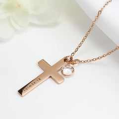 Engraved Cross with Birthstone Necklace - Theo
