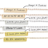 A collection of stainless steel bar necklaces with gold chains, each featuring different engraved messages such as 'Always and forever' and 'I love you mom', indicating a customizable gift option.
