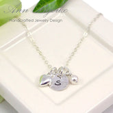Personalized Hammered Disc Necklace with Dainty Heart & Pearl Charms - Custom Engraved Initial Round Pendant - Iris