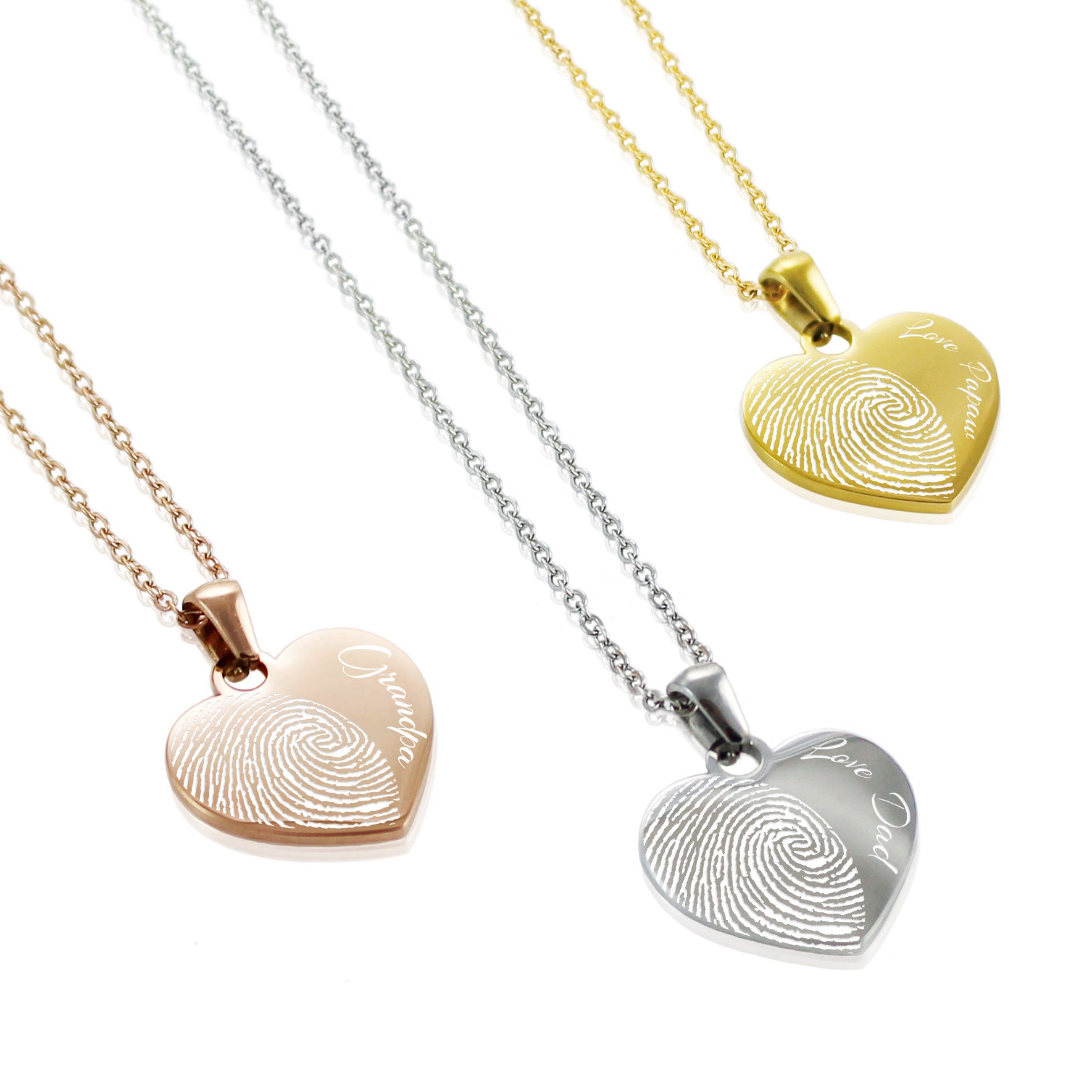 "Custom fingerprint heart necklaces in silver, gold, and rose gold with personalized script engraving."