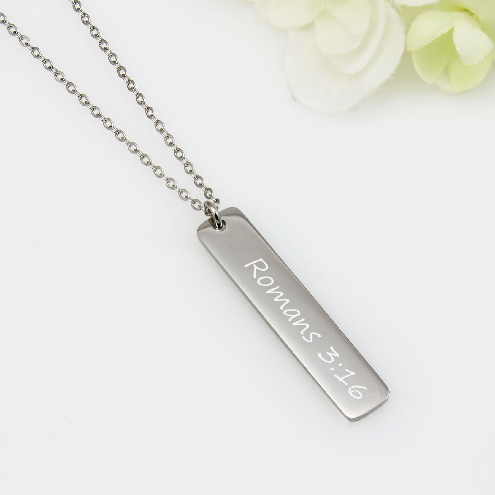 This Personalized Scripture Verse Vertical Bar Necklace is a graceful way to carry your favorite words of faith, inspiration, or memory with you every day.