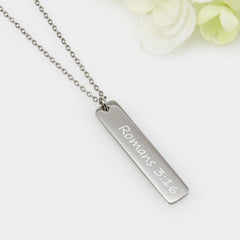 This Personalized Scripture Verse Vertical Bar Necklace is a graceful way to carry your favorite words of faith, inspiration, or memory with you every day.