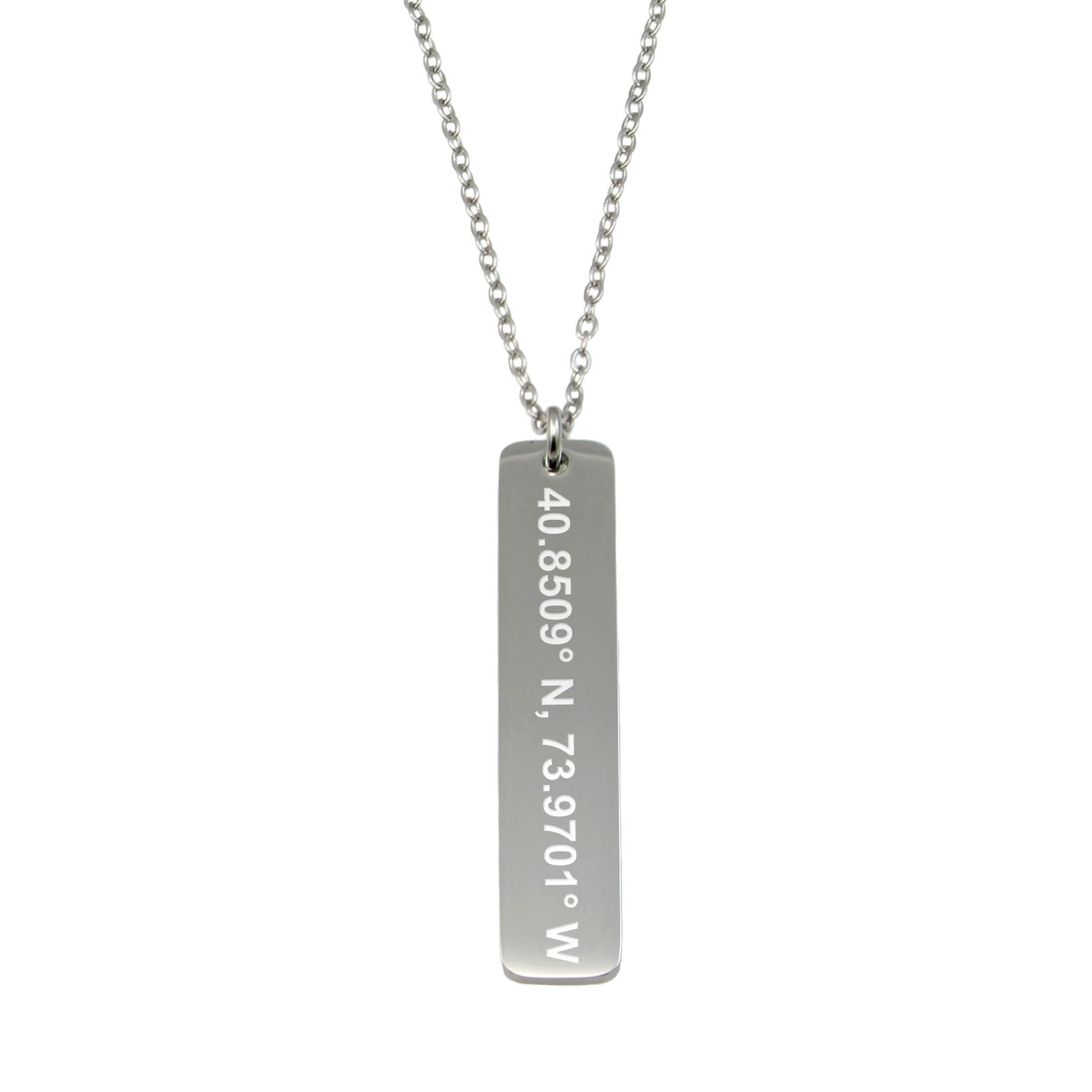 A stainless steel necklace with a cross pendant featuring a engraved text on it, attached to a chain.