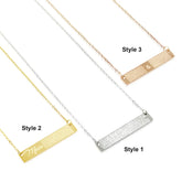 Three stainless steel fingerprint bar necklaces in gold, silver, and rose gold colors, each with a different pattern on the bar pendant.