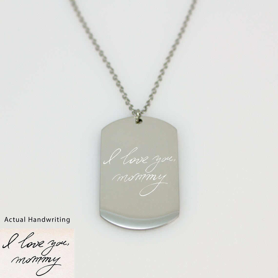 "Silver dog tag necklace with custom actual handwriting engraving."