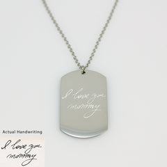 "Silver dog tag necklace with custom actual handwriting engraving."