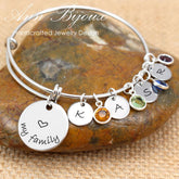 Personalized Family Birthstone Bangle Bracelet for Moms - Custom Engraved My Family Initial Disc Charm Jewelry - River