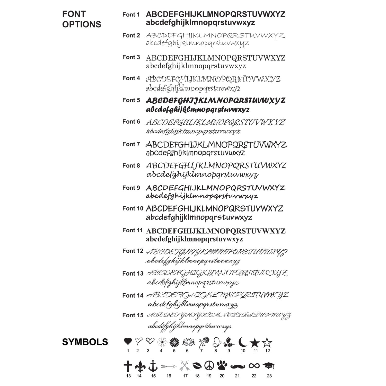 A digital preview sheet showing 15 different font options for text and 23 different symbol options, presented in black on a white background under the headings 'FONT OPTIONS' and 'SYMBOLS'.