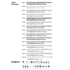 A digital preview sheet showing 15 different font options for text and 23 different symbol options, presented in black on a white background under the headings 'FONT OPTIONS' and 'SYMBOLS'.