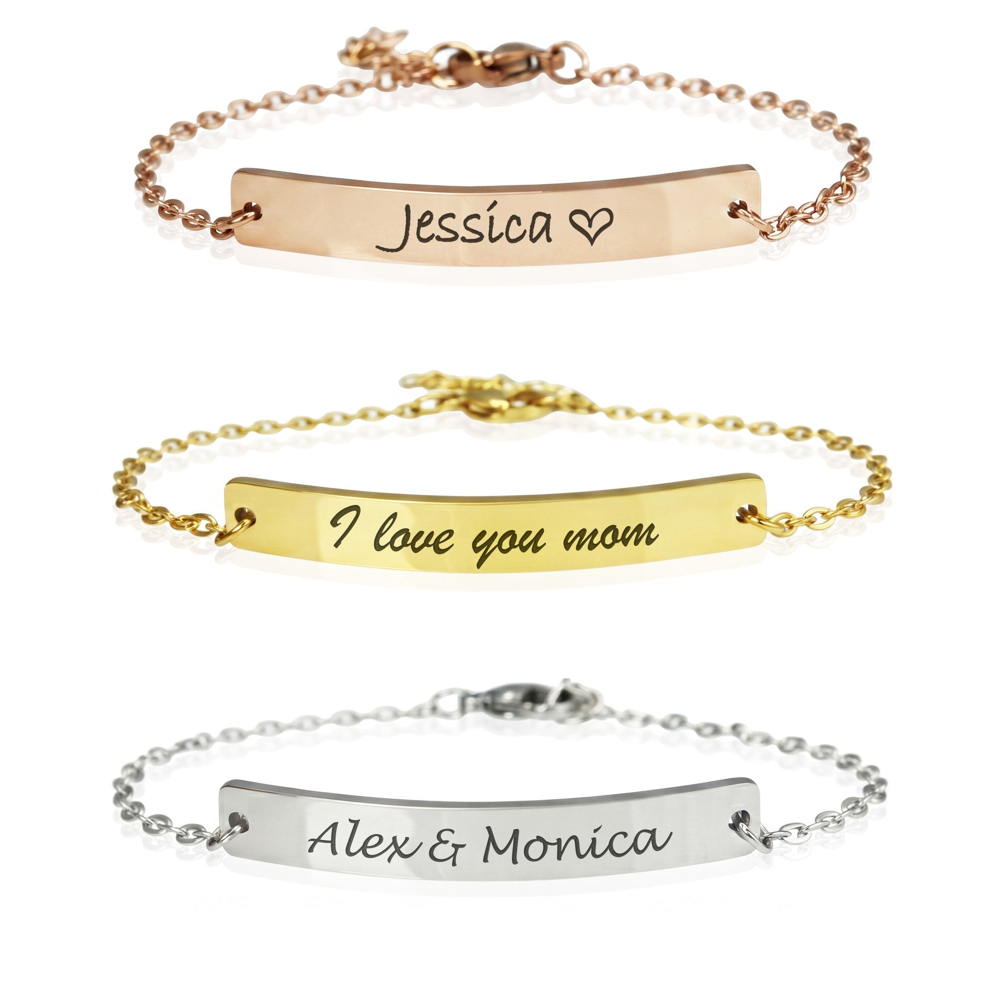 Three personalized bar bracelets shown on a white background: a rose gold bracelet engraved 'Jessica ♥', a yellow gold bracelet engraved 'I love you mom', and a silver bracelet engraved 'Alex & Monica'.