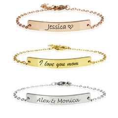 Three personalized bar bracelets shown on a white background: a rose gold bracelet engraved 'Jessica ♥', a yellow gold bracelet engraved 'I love you mom', and a silver bracelet engraved 'Alex & Monica'.