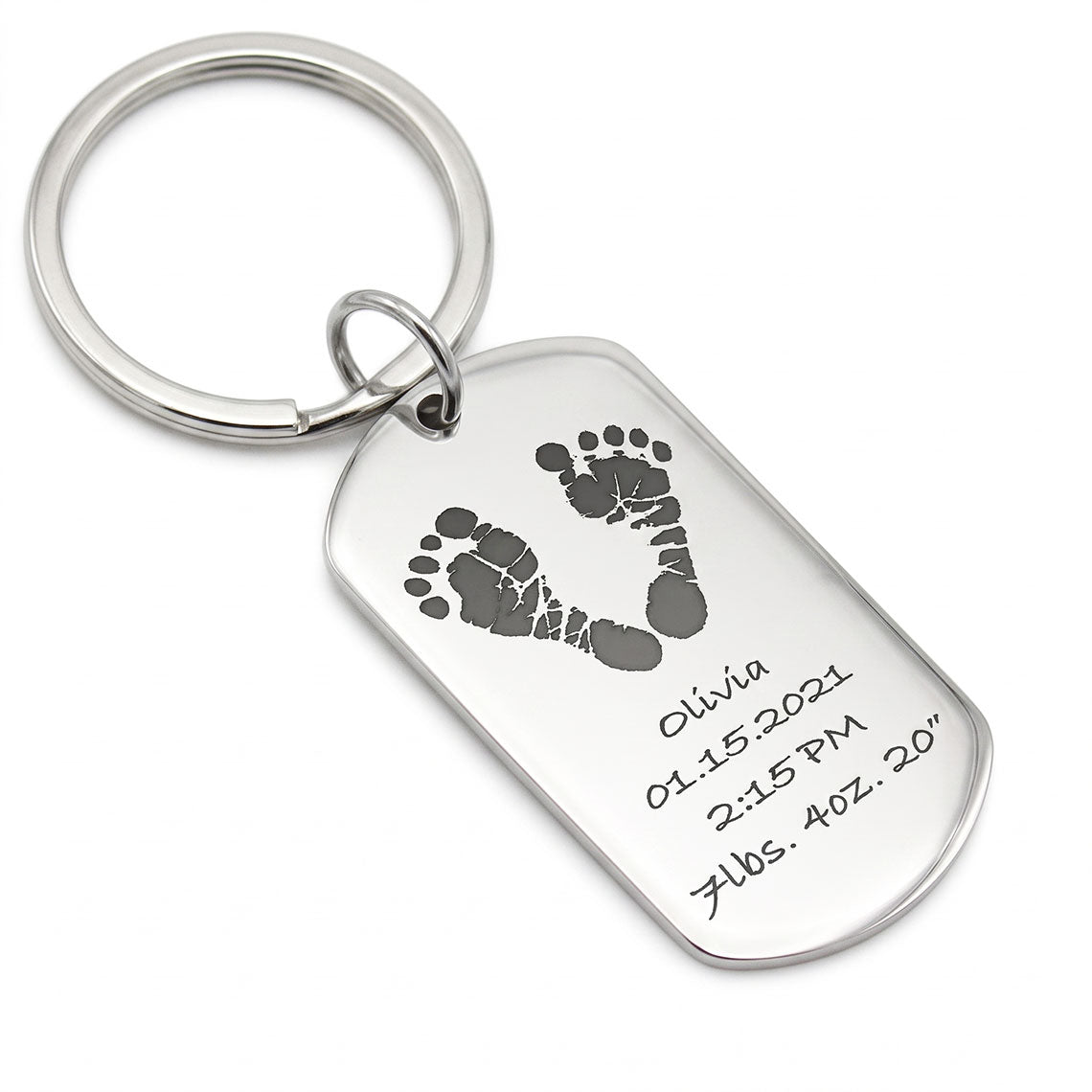 Actual Baby Footprint Handprint Engraved Dog Tag Keychain - Newborn Memorial Keepsake Keyring - Parker
