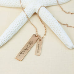 Personalized Laser Engraved Flower with Name Bar Necklace - Custom Birth Flower Double Vertical Bar Pendant Jewelry - Ray