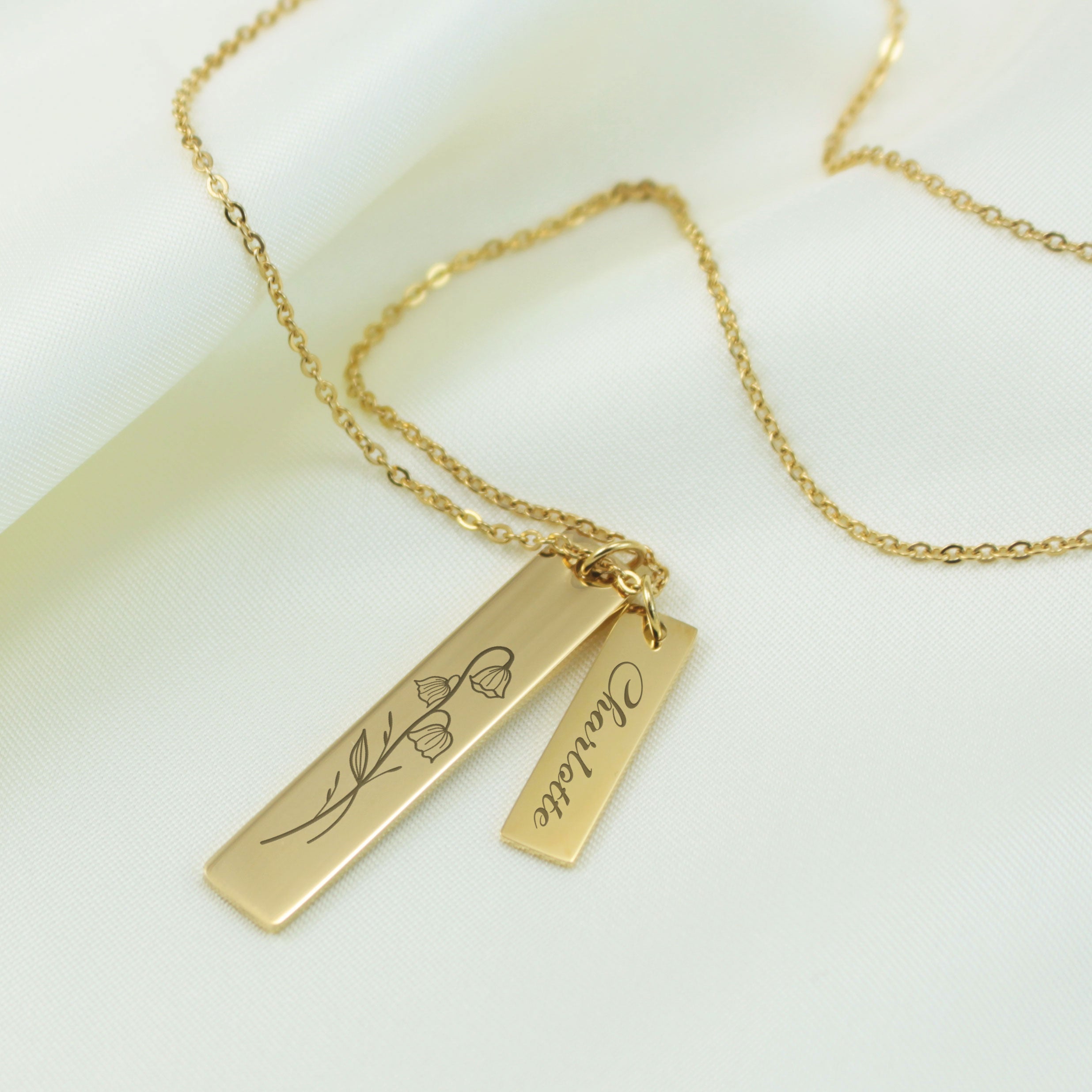engraved gold necklace with birth flower and name
