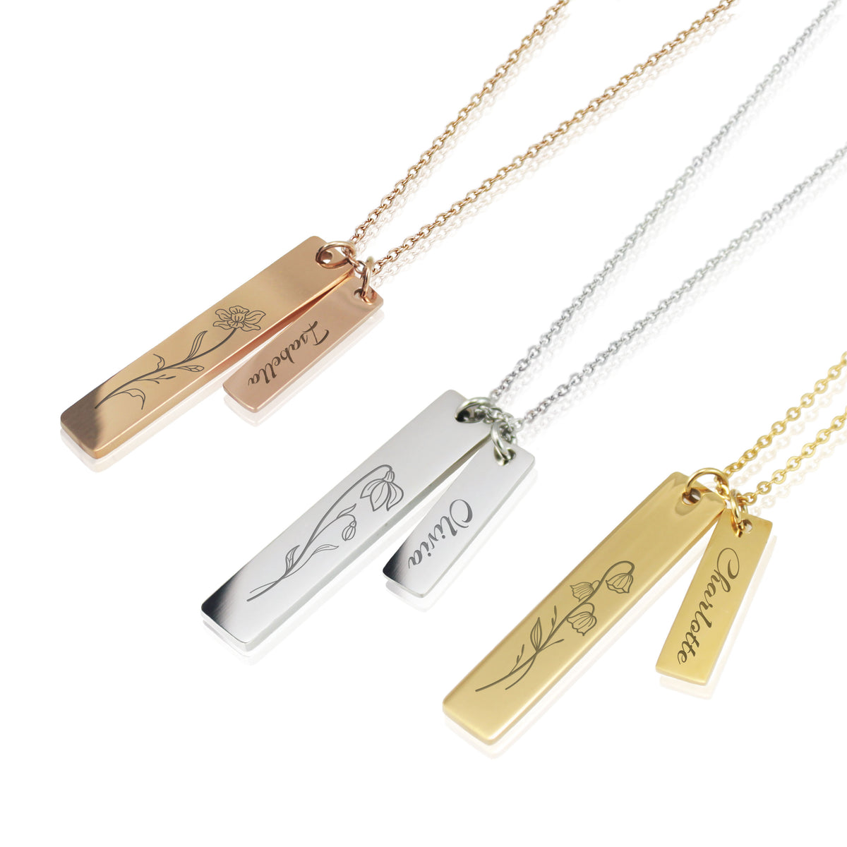 Personalized Laser Engraved Flower with Name Bar Necklace - Custom Birth Flower Double Vertical Bar Pendant Jewelry - Ray