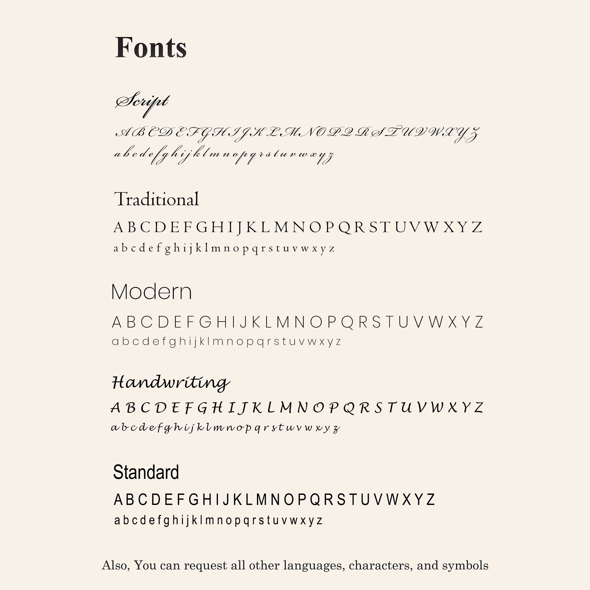 A beige informational graphic showing font styles and uppercase/lowercase letter samples, including Script, Traditional, Modern, and Handwriting, with a note at the bottom about requesting other languages, characters, and symbols.