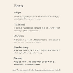 A beige informational graphic showing font styles and uppercase/lowercase letter samples, including Script, Traditional, Modern, and Handwriting, with a note at the bottom about requesting other languages, characters, and symbols.