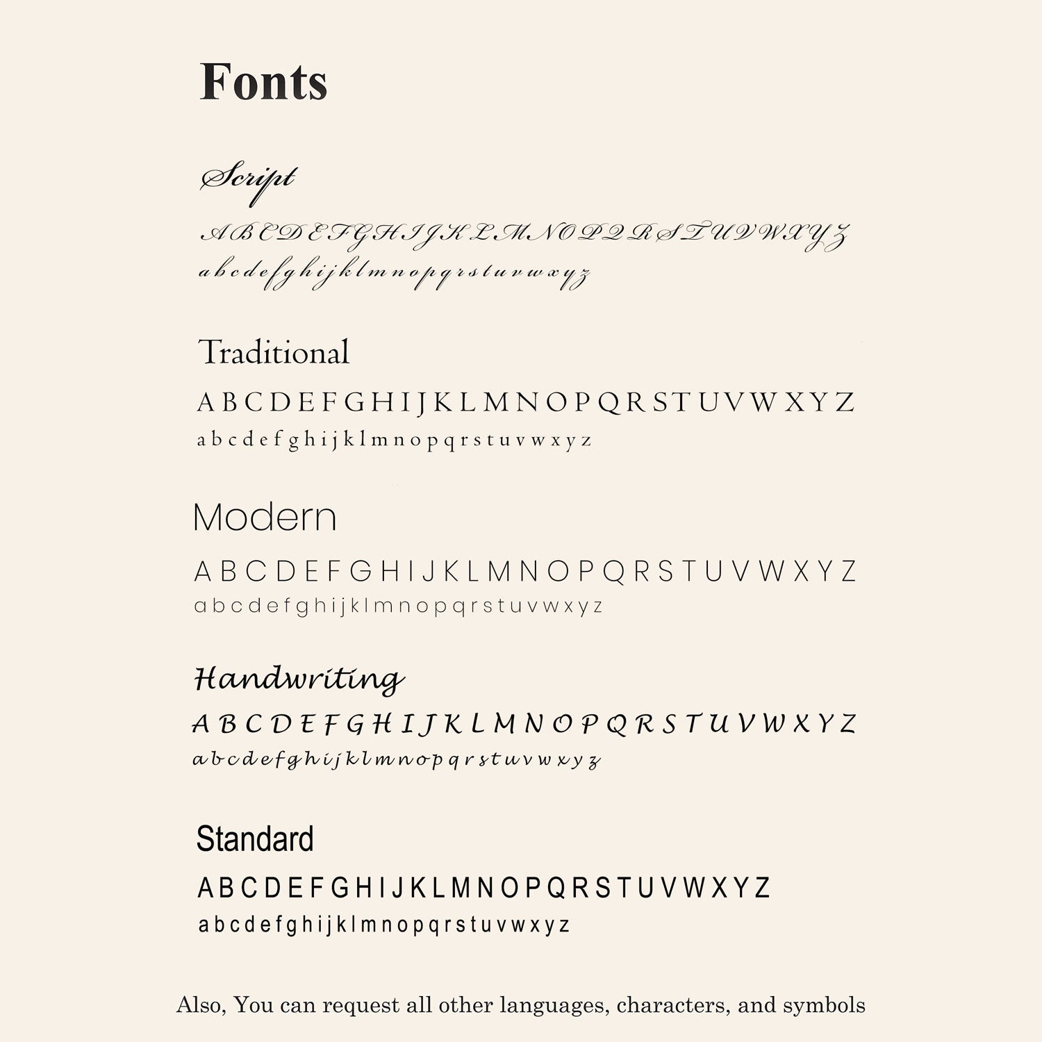 A font sample card on a warm beige background showing different text styles: Script, Traditional, Modern, and Handwriting, each with uppercase and lowercase letterforms and a short sample line below. The heading reads 'Fonts' at the top.