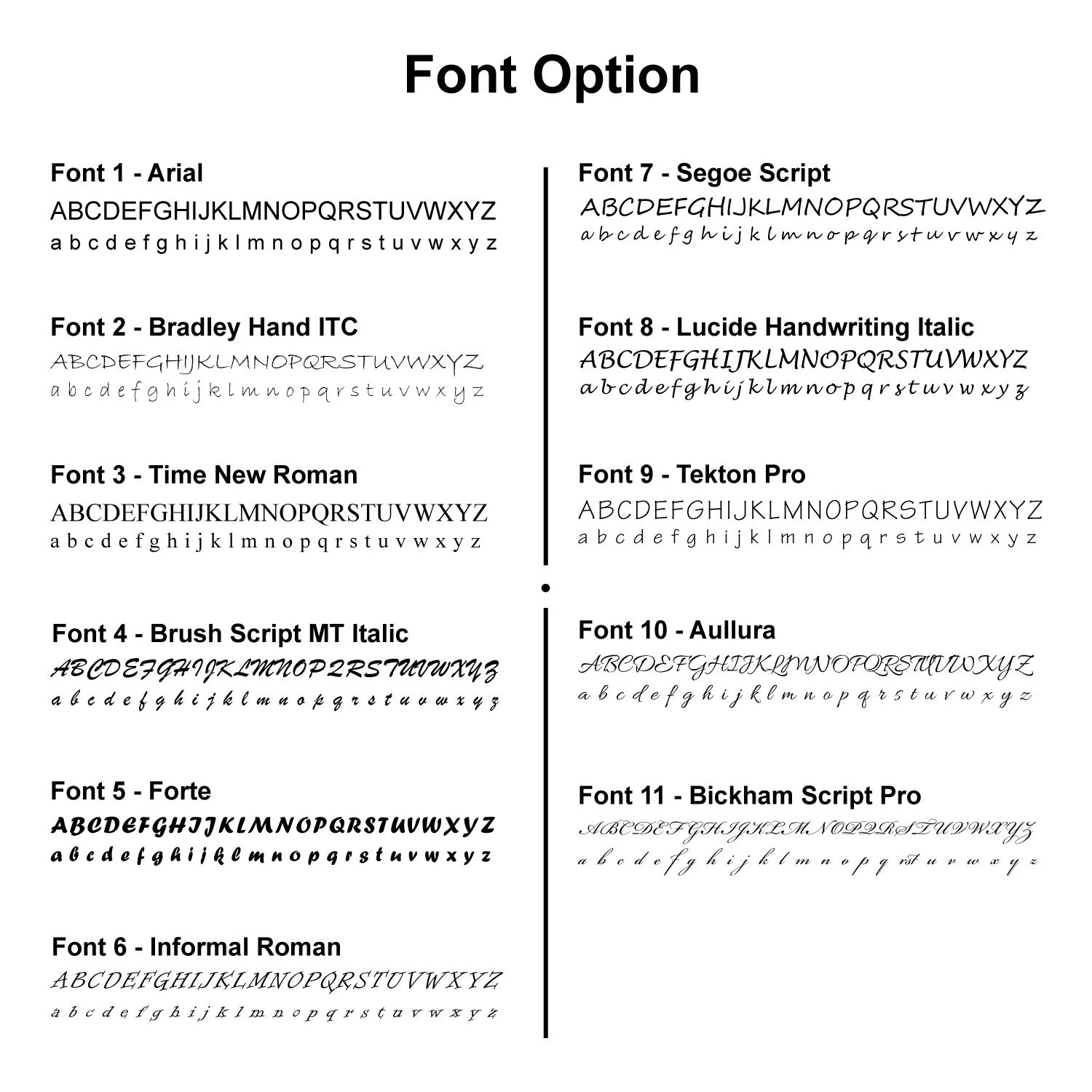 A digital font options chart titled 'Font Option' showing 11 different font styles with sample uppercase and lowercase alphabet text, arranged in two columns on a white background.