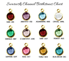 Swarovski channel birthstones chart displaying twelve round gemstone pendants in a 3x4 grid, labeled with gemstone names and months from January to December on a white background.