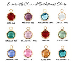 Swarovski Channel Birthstones Chart displaying twelve round gemstone pendants arranged in a 3x4 grid on a white background, with each stone labeled by name and month.