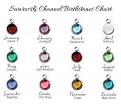 Swarovski Channel Birthstones Chart displaying a 12-grid layout of round gemstone pendants with their corresponding months and names. The chart includes red, purple, blue, green, pink, yellow, and light-colored stones, each labeled with its gemstone type and month.