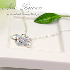 Personalized Hammered Disc Necklace with Dainty Heart & Pearl Charms - Custom Engraved Initial Round Pendant - Iris