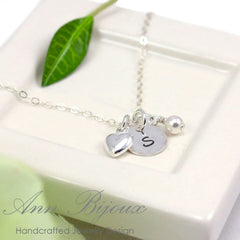 Personalized Hammered Disc Necklace with Dainty Heart & Pearl Charms - Custom Engraved Initial Round Pendant - Iris