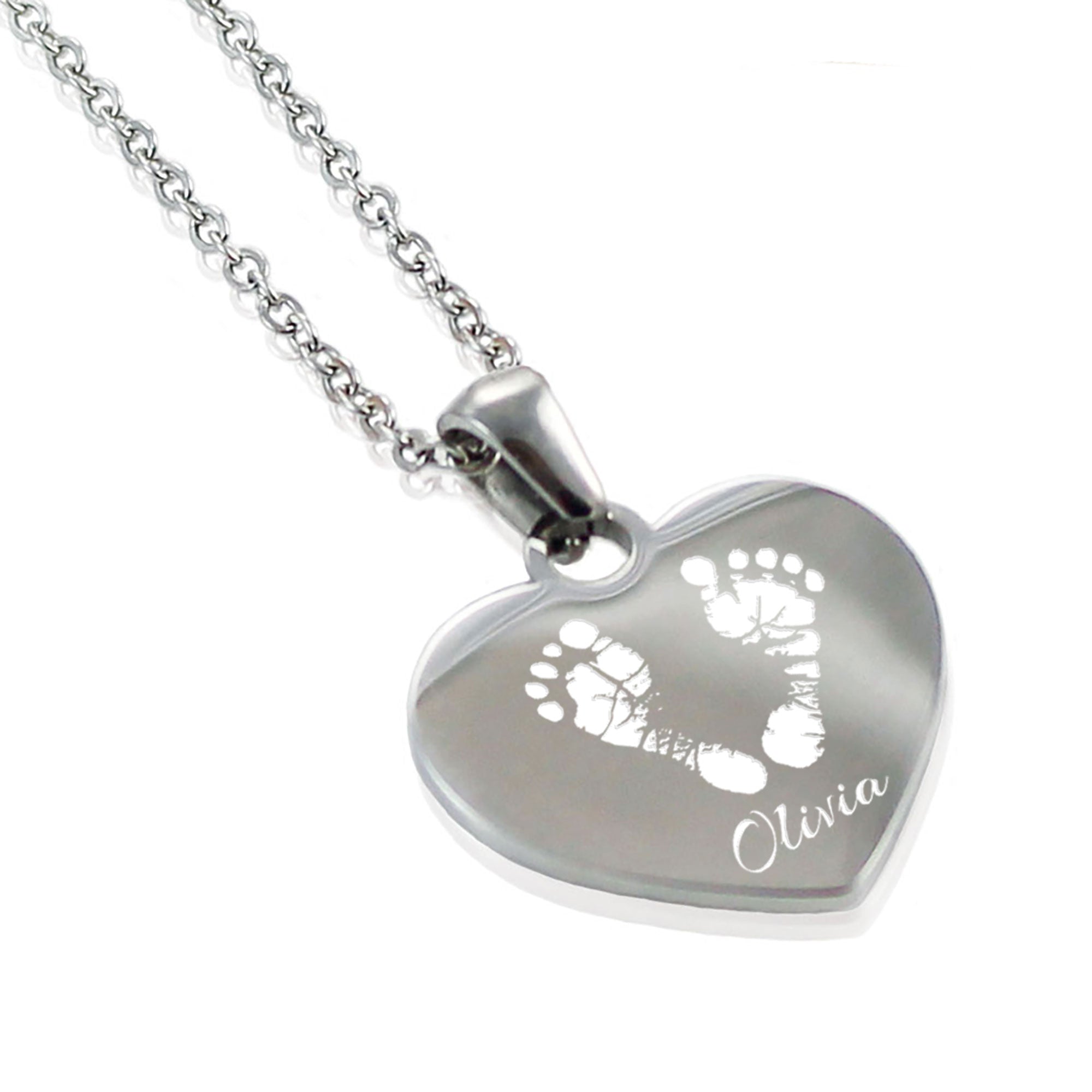 "Custom silver heart pendant necklace engraved with actual baby footprints and the name 'Olivia' in script font. The personalized jewelry features a high-definition etching of a pair of newborn feet on a polished metal surface."
