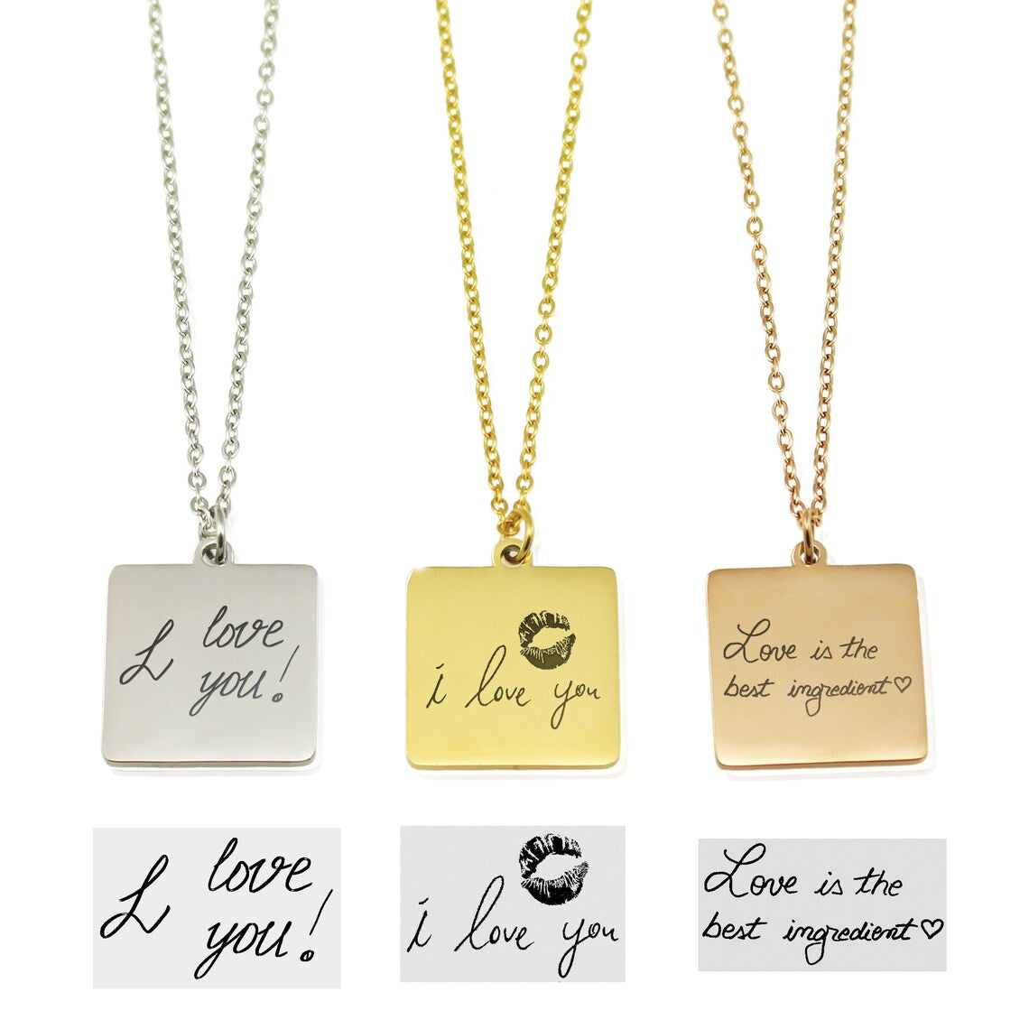 A collection of stainless steel necklaces with square pendants featuring various engraved messages such as 'I love you' and 'I love you best', in different metallic finishes.