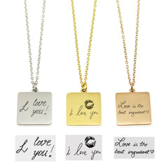 A collection of stainless steel necklaces with square pendants featuring various engraved messages such as 'I love you' and 'I love you best', in different metallic finishes.