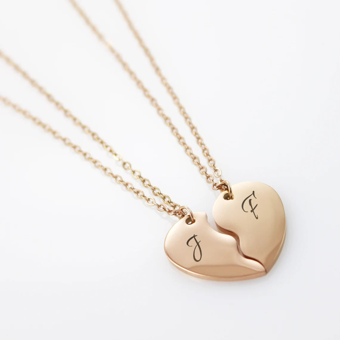 Custom initial split heart necklace set in polished silver, personalized friendship jewelry and couples anniversary gift.