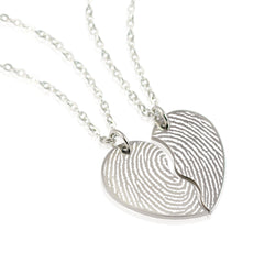 Silver fingerprint heart-shaped pendant on a chain against a white background