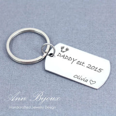 Personalized Baby Footprint Engraved Keychain for Dad - Custom DADDY est Name Date Keyring - Kaiden
