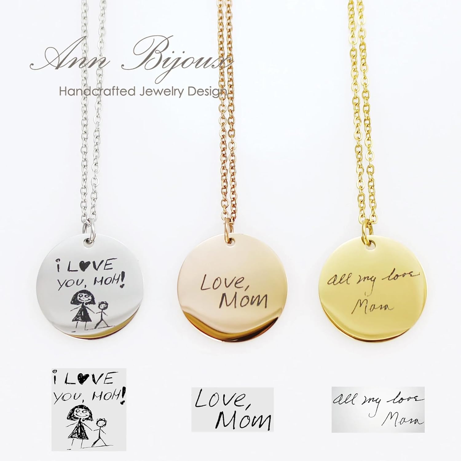 Custom handwriting and child’s drawing engraved necklaces in silver, gold, and rose gold.
