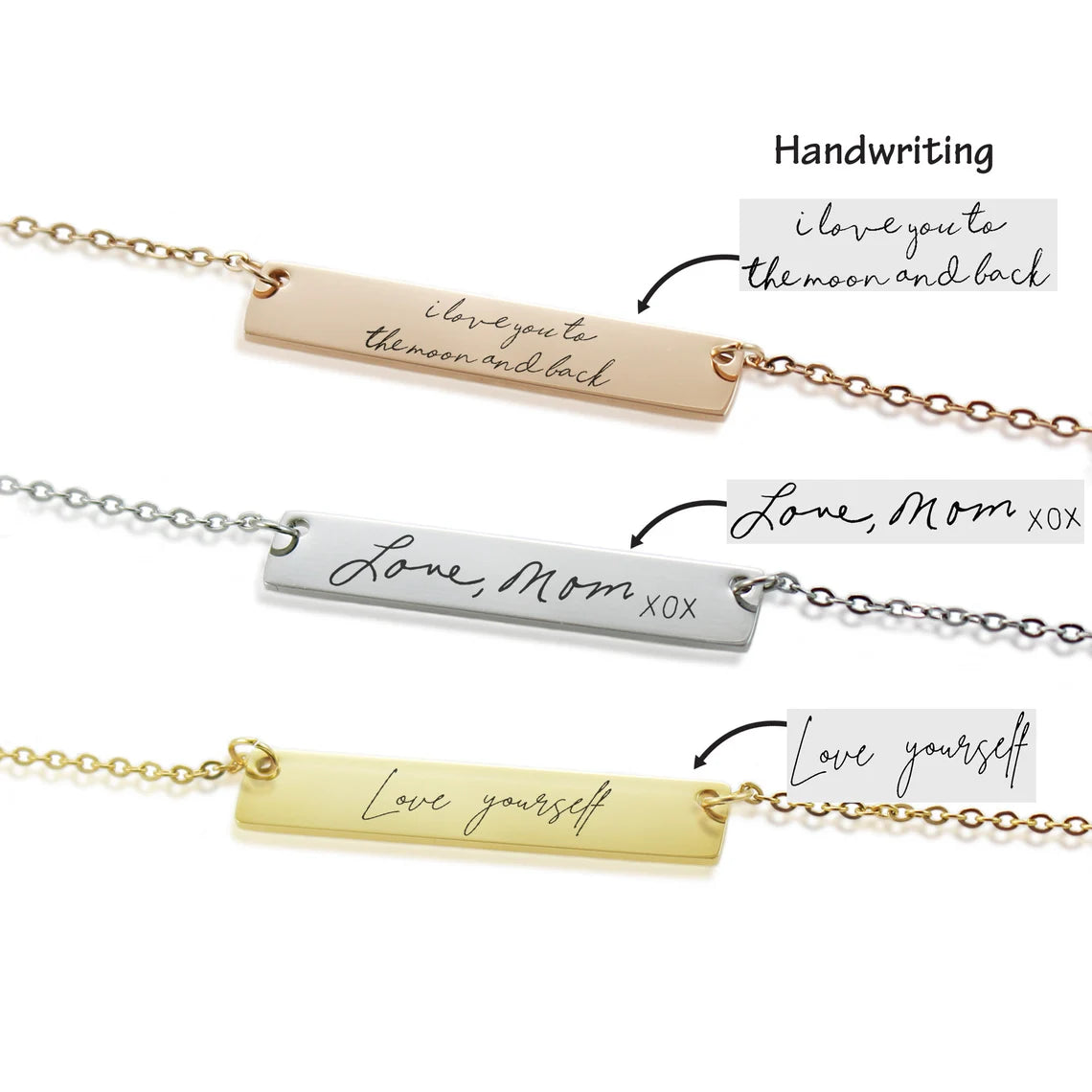 "Assorted personalized bar necklaces featuring custom handwriting engravings like 'Always & Forever' and 'I love you Mom!', as well as coordinates and Roman numeral dates."