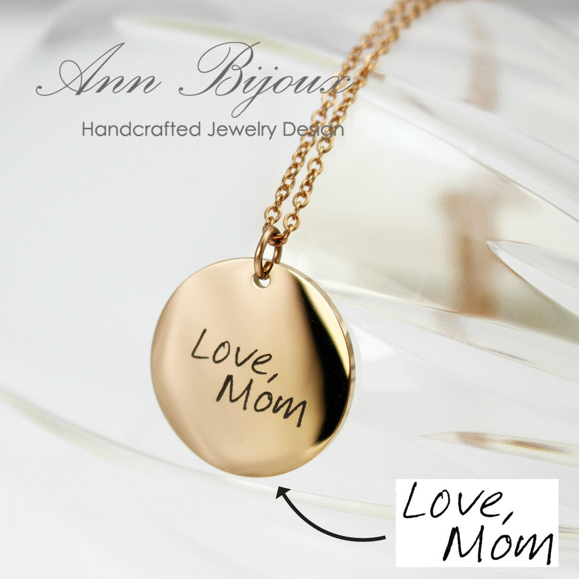 Personalized handwriting jewelry for mom, custom child drawing engraved necklace in gold and silver, sentimental Mother's Day gift.