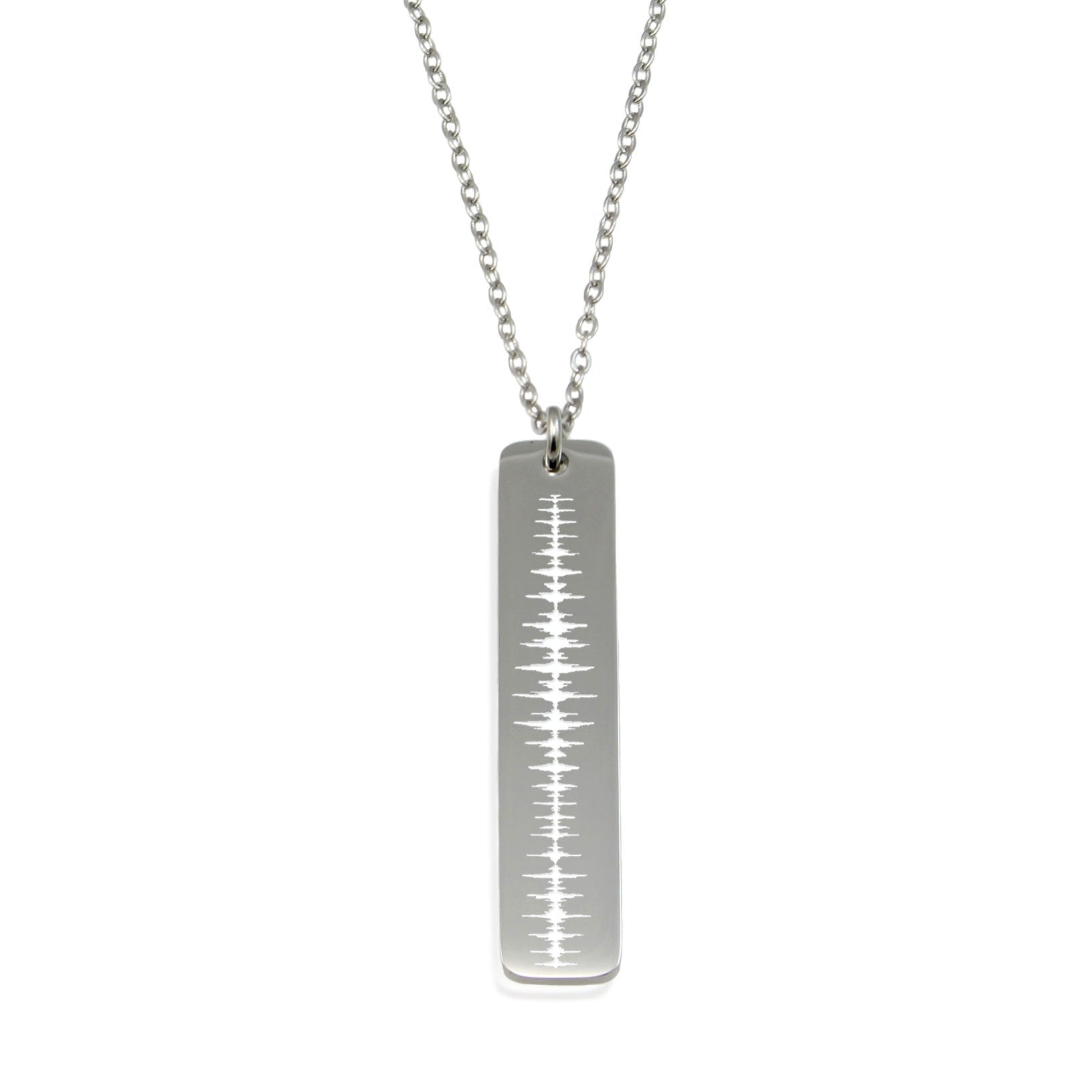 Custom sound wave engraved silver bar necklace. Personalized vertical pendant for voice recording jewelry or heartbeat keepsakes.