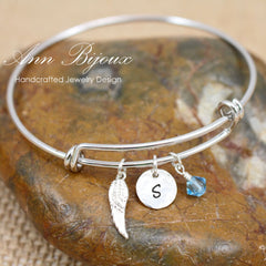 Personalized Angel Wing Birthstone Bangle Bracelet - Custom Engraved Initial Disc Charm Jewelry - Sharon