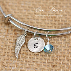Personalized Angel Wing Birthstone Bangle Bracelet - Custom Engraved Initial Disc Charm Jewelry - Sharon