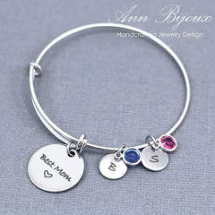 Personalized Family Birthstone Bangle Bracelet for Moms - Custom Engraved Initial Disc Charm Jewelry - Finley