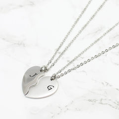 Custom initial split heart necklace set in polished silver, personalized friendship jewelry and couples anniversary gift.