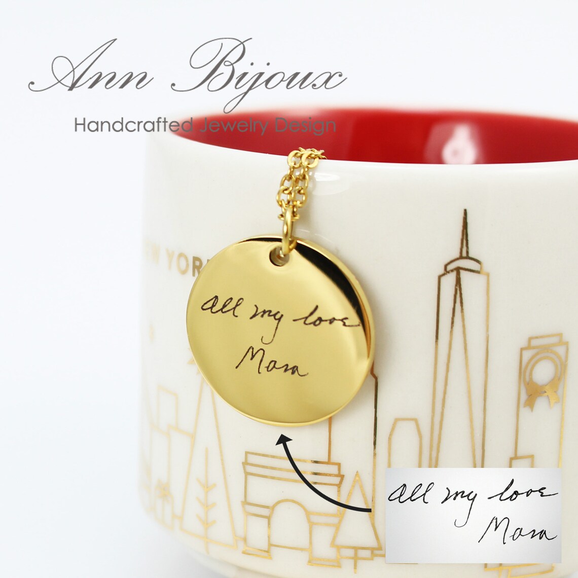 Personalized handwriting jewelry for mom, custom child drawing engraved necklace in gold and silver, sentimental Mother's Day gift.
