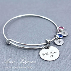 Personalized Family Birthstone Bangle Bracelet for Moms - Custom Engraved Initial Disc Charm Jewelry - Finley