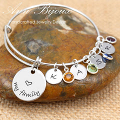 Engraved Love My Family and Initial w/ Birthstone Bracelet - River